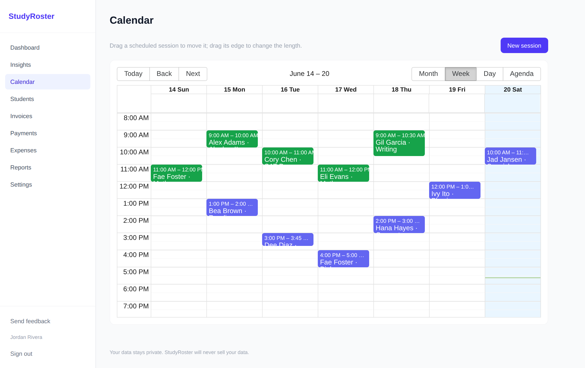 StudyRoster calendar week view with scheduled tutoring sessions you can drag to reschedule.